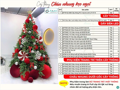 Cây thông Noel PE châu vải nhung đỏ kẹo ngọt cao 2m4 [2024 - Tâm Nguyễn Decor] CTHTTS-X-2401