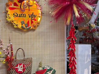 Backdrop Tết sum vầy pháo bông và cành đào Hottrend [2026 - Tâm Nguyễn Decor] CC-TET-2602