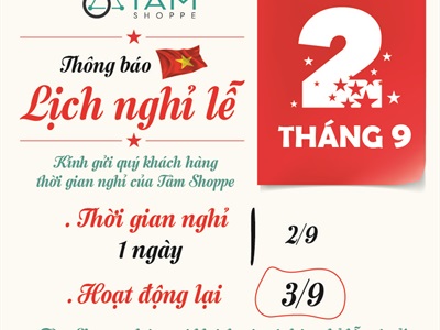 Tâm Shoppe thông báo Lịch nghỉ lễ Quốc Khánh 02/09/2022