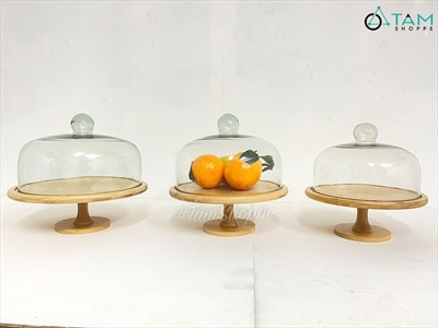 Kệ bánh chụp thủy tinh đế gỗ tre đế cao KEBANH-03