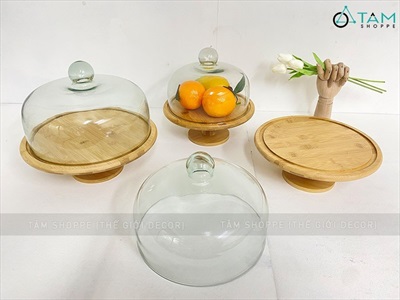Kệ bánh chụp thủy tinh đế gỗ tre đế cao KEBANH-03
