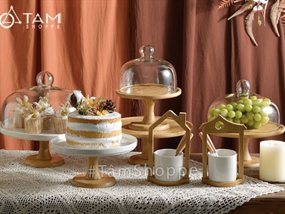 Kệ bánh chụp thủy tinh đế gỗ tre đế cao KEBANH-03