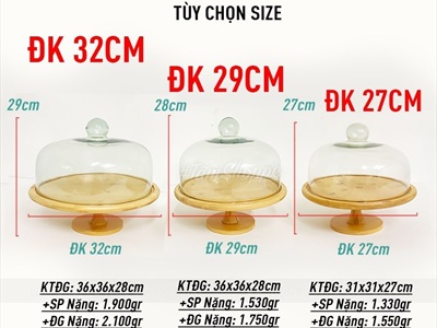 Kệ bánh chụp thủy tinh đế gỗ tre đế cao KEBANH-03