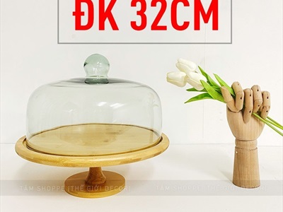 Kệ bánh chụp thủy tinh đế gỗ tre đế cao KEBANH-03