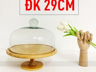 Kệ bánh chụp thủy tinh đế gỗ tre đế cao KEBANH-03