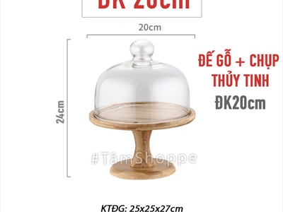 Kệ bánh chụp thủy tinh đế gỗ tre đế cao KEBANH-03