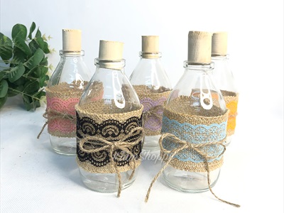 Chai thủy tinh bố ren dáng bom nút bần cao 13cm [5 màu chọn - Kèm nút] CHAILO-HM-04