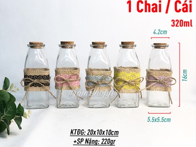 Chai thủy tinh bố ren trụ vuông cao 16cm [5 màu chọn - Kèm nút] CHAILO-HM-05