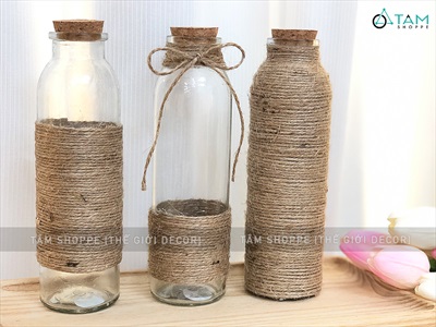 Chai thủy tinh quấn dây thừng trụ tròn cao 19cm [3 kiểu chọn - Kèm nút] CHAILO-HM-02