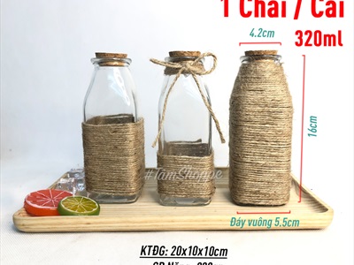 Chai thủy tinh quấn dây thừng trụ vuông cao 16cm [3 kiểu chọn - Kèm nút] CHAILO-HM-03