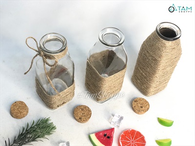 Chai thủy tinh quấn dây thừng trụ vuông cao 16cm [3 kiểu chọn - Kèm nút] CHAILO-HM-03