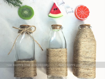 Chai thủy tinh quấn dây thừng trụ vuông cao 16cm [3 kiểu chọn - Kèm nút] CHAILO-HM-03