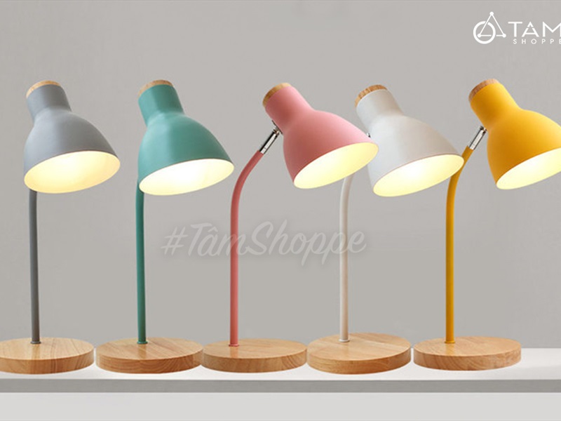 Đèn bàn học đế gỗ chụp phễu 5 màu Pastel Nordic Style DBH-DB-01