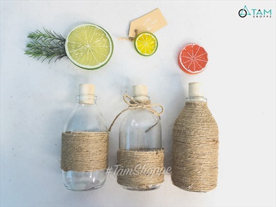 Chai thủy tinh quấn dây thừng dáng bom nút bần cao 13cm [3 kiểu chọn - Kèm nút] CHAILO-HM-01