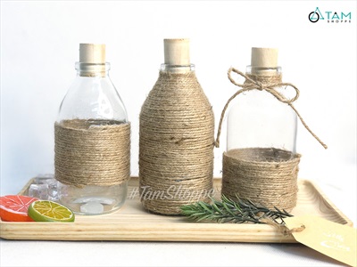 Chai thủy tinh quấn dây thừng dáng bom nút bần cao 13cm [3 kiểu chọn - Kèm nút] CHAILO-HM-01