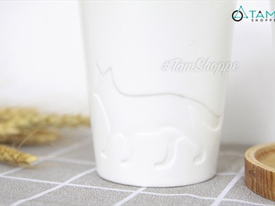 Ly gốm trắng hình cáo tuyết dập chìm LYTACH-02