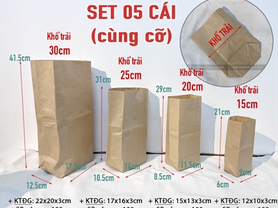 Set 05 túi giấy xi măng kraft đựng đồ cùng cỡ TUIGIAY-02