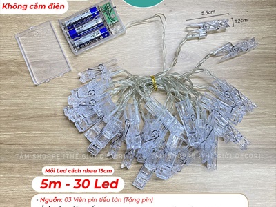 Dây đèn kẹp ảnh Led vàng ấm 5m 30 kẹp [Sáng đẹp - Kèm Pin/Cáp USB] DAYDEN-02