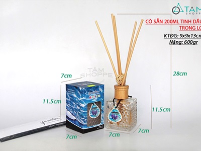 Bộ tinh dầu tự khuếch tán lọ thủy tinh vuông 200ml