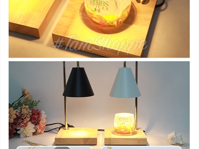 Đèn đốt nến thơm đế gỗ chụp kim loại hình nón (tặng bóng dự phòng) DENDOTNEN-01