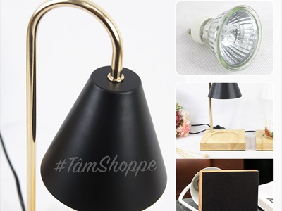 Đèn đốt nến thơm đế gỗ chụp kim loại hình nón (tặng bóng dự phòng) DENDOTNEN-01