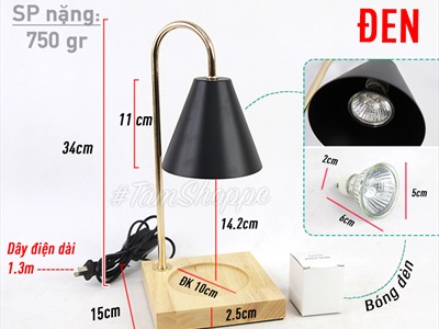 Đèn đốt nến thơm đế gỗ chụp kim loại hình nón (tặng bóng dự phòng) DENDOTNEN-01