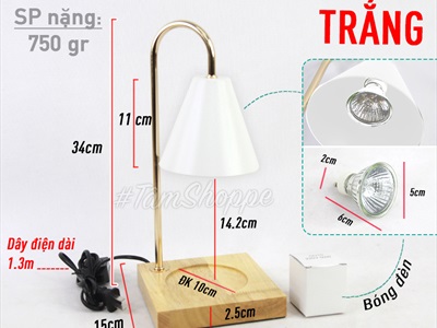 Đèn đốt nến thơm đế gỗ chụp kim loại hình nón (tặng bóng dự phòng) DENDOTNEN-01