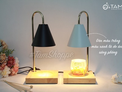 Đèn đốt nến thơm đế gỗ chụp kim loại hình nón (tặng bóng dự phòng) DENDOTNEN-01