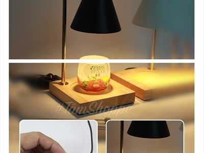 Đèn đốt nến thơm đế gỗ chụp kim loại hình nón (tặng bóng dự phòng) DENDOTNEN-01