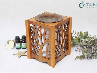 Đèn xông tinh dầu gỗ họa tiết rừng cây [Tặng bóng đèn] DXTDD-M0288