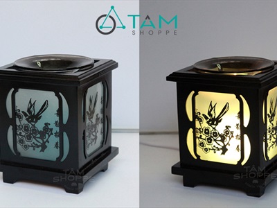 Đèn xông tinh dầu gỗ vuông in hình chim én [Tặng bóng đèn] DXTDD-M0094