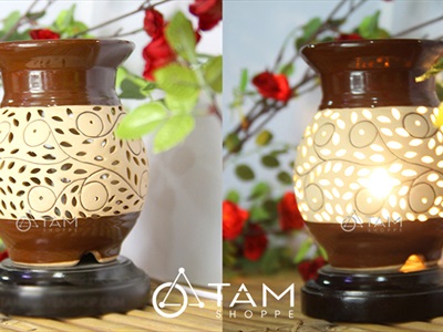 Đèn xông tinh dầu gốm nâu bình bông T0145 [Tặng bóng đèn] DXTDD-GOM-T0145