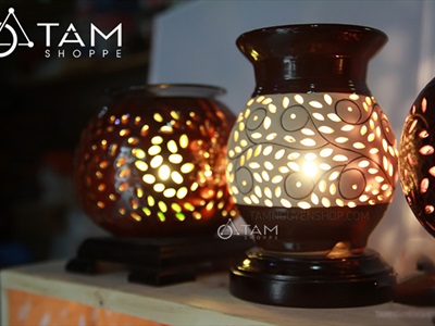Đèn xông tinh dầu gốm nâu bình bông T0145 [Tặng bóng đèn] DXTDD-GOM-T0145