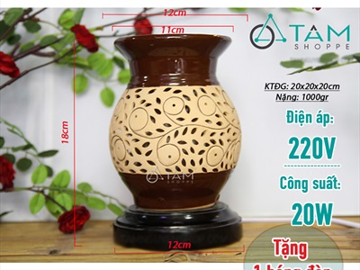 Đèn xông tinh dầu gốm nâu bình bông T0145 [Tặng bóng đèn] DXTDD-GOM-T0145