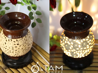 Đèn xông tinh dầu gốm nâu bình bông T0145 [Tặng bóng đèn] DXTDD-GOM-T0145