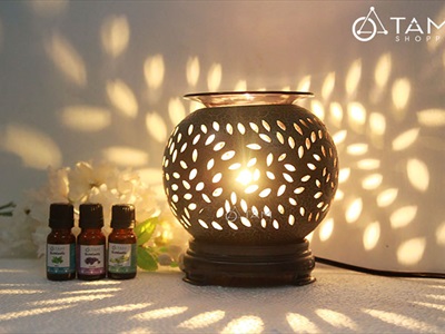 Đèn xông tinh dầu gốm nâu tròn lớn T0009 [Tặng bóng đèn] DXTDD-GOM-T0009