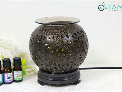 Đèn xông tinh dầu gốm nâu tròn lớn T0009 [Tặng bóng đèn] DXTDD-GOM-T0009