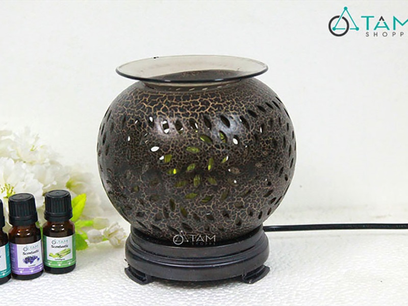 Đèn xông tinh dầu gốm nâu tròn lớn T0009 [Tặng bóng đèn] DXTDD-GOM-T0009