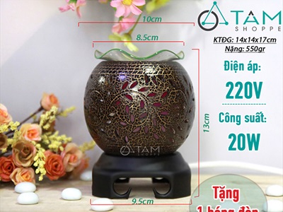 Đèn xông tinh dầu gốm nâu tròn nhỏ T09 [Tặng bóng đèn] DXTDD-GOM-T09N