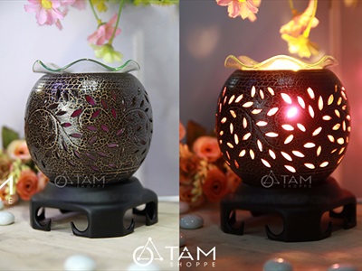 Đèn xông tinh dầu gốm nâu tròn nhỏ T09 [Tặng bóng đèn] DXTDD-GOM-T09N