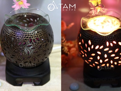 Đèn xông tinh dầu gốm nâu tròn nhỏ T09 [Tặng bóng đèn] DXTDD-GOM-T09N