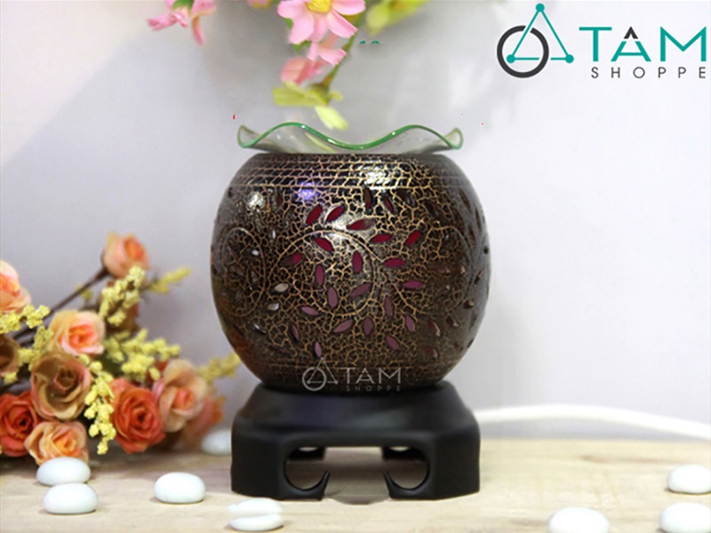 Đèn xông tinh dầu gốm nâu tròn nhỏ T09 [Tặng bóng đèn] DXTDD-GOM-T09N