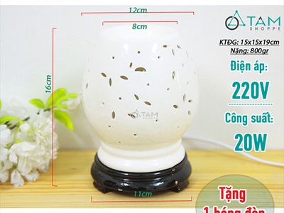 Đèn xông tinh dầu gốm trắng họa tiết lá [Tặng bóng đèn] DXTDD-GOM-HTL
