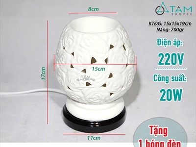 Đèn xông tinh dầu gốm trắng lưới hoa hồng [Tặng bóng đèn] DXTDD-GOM-LHH