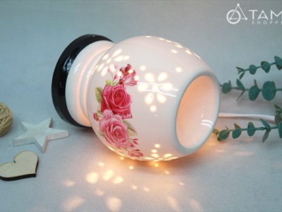 Đèn xông tinh dầu gốm trắng mai cao in họa tiết [Tặng bóng đèn] DXTDD-GOM-MCIHT