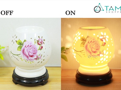 Đèn xông tinh dầu gốm trắng mai cao in họa tiết [Tặng bóng đèn] DXTDD-GOM-MCIHT