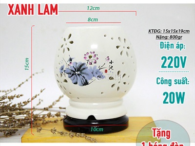 Đèn xông tinh dầu gốm trắng mai cao in họa tiết [Tặng bóng đèn] DXTDD-GOM-MCIHT
