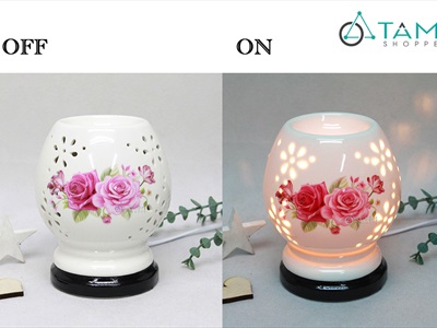 Đèn xông tinh dầu gốm trắng mai cao in họa tiết [Tặng bóng đèn] DXTDD-GOM-MCIHT