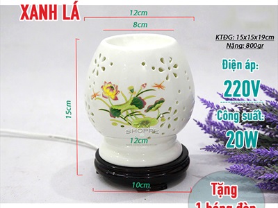 Đèn xông tinh dầu gốm trắng mai cao in họa tiết [Tặng bóng đèn] DXTDD-GOM-MCIHT
