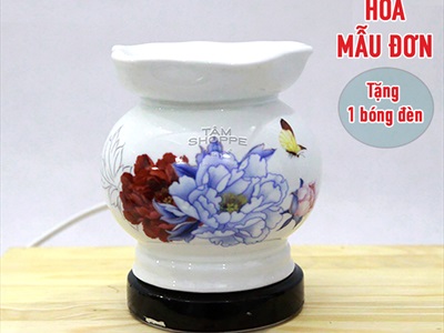 Đèn xông tinh dầu gốm trắng miệng sen [Tặng bóng đèn] DXTDD-GOM-MS